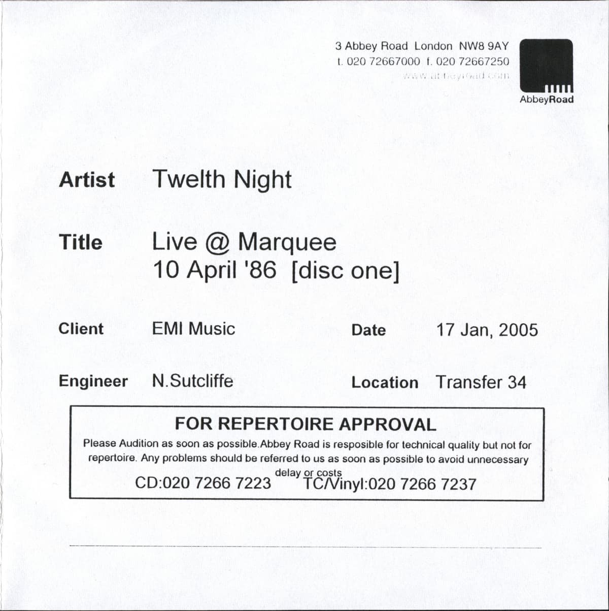 Live @ Marquee 10 April '86
